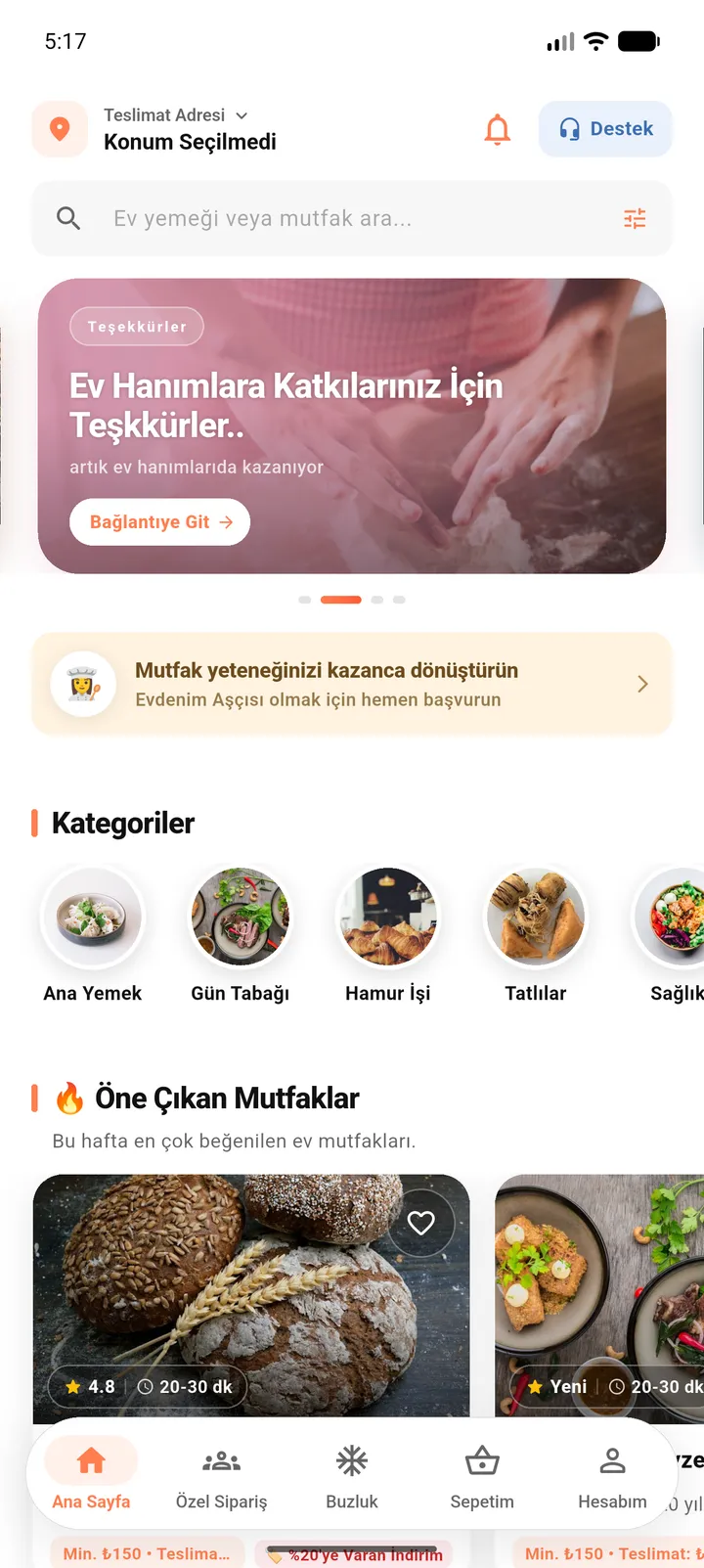 Evdenim uygulamasının ana ekranı: teslimat adresi, kategoriler ve öne çıkan ev mutfakları