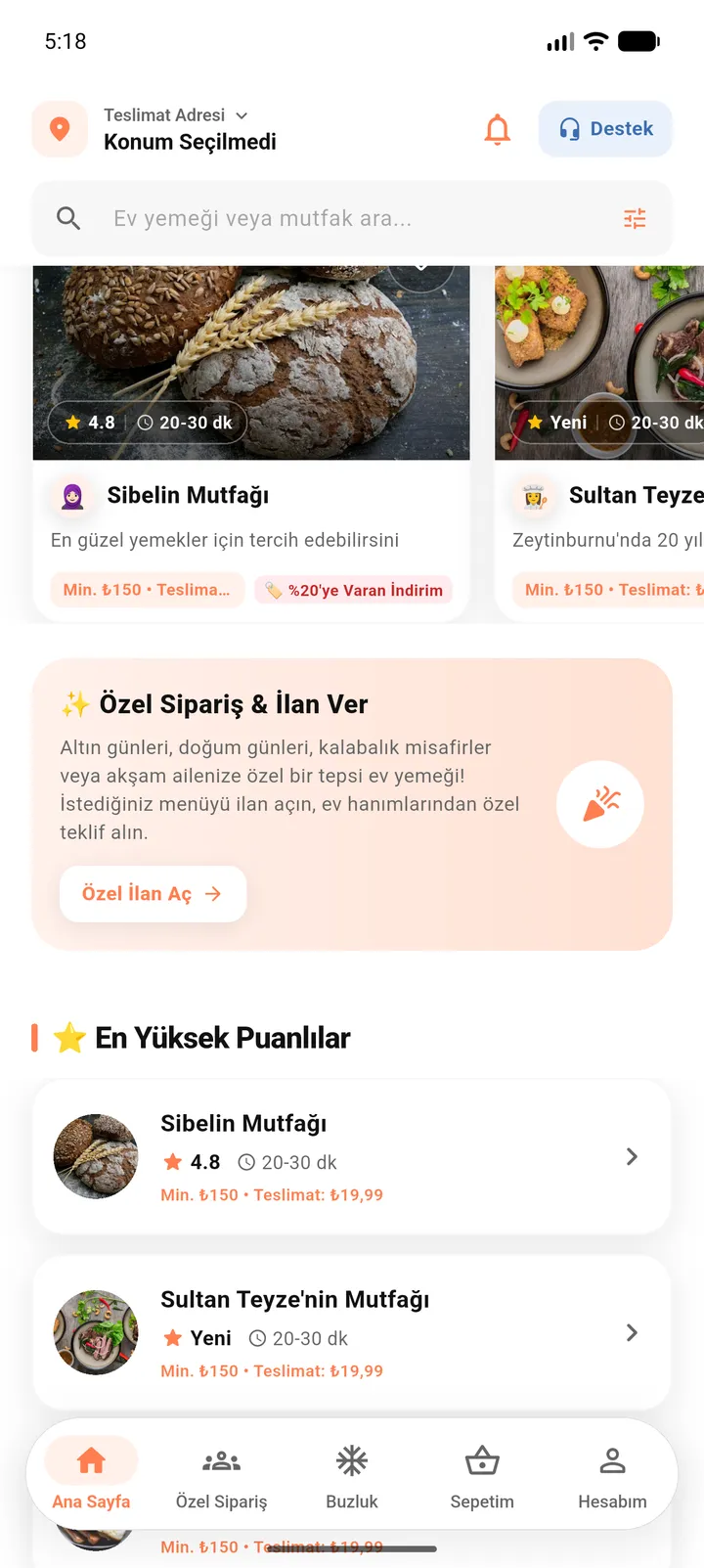 En yüksek puanlı mutfaklar listesi ve özel sipariş ilanı kartı