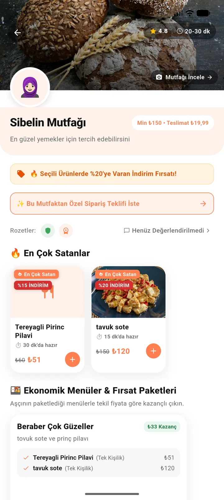 Mutfak detay ekranı: günün yemekleri, rozetler ve yorumlar